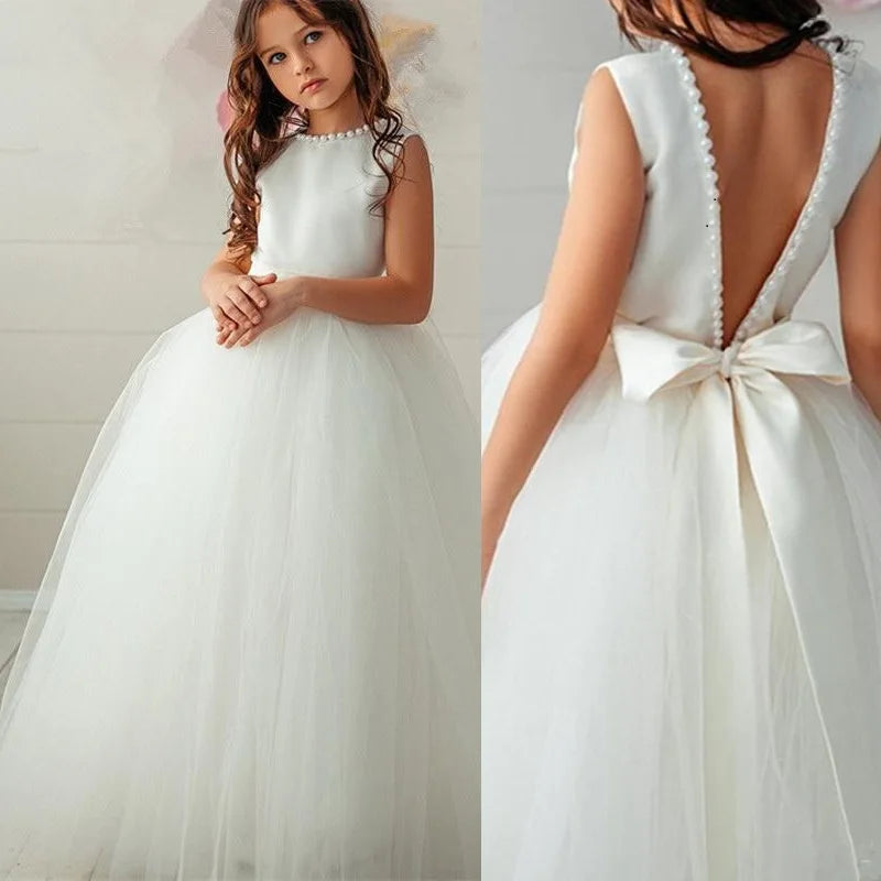 Backless Pearls Flower Girl Dress